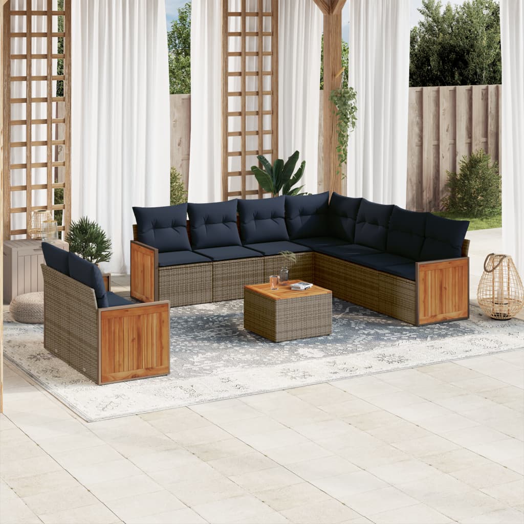 10-teiliges Gartensofa-Set mit Kissen, grau, Polyrattan