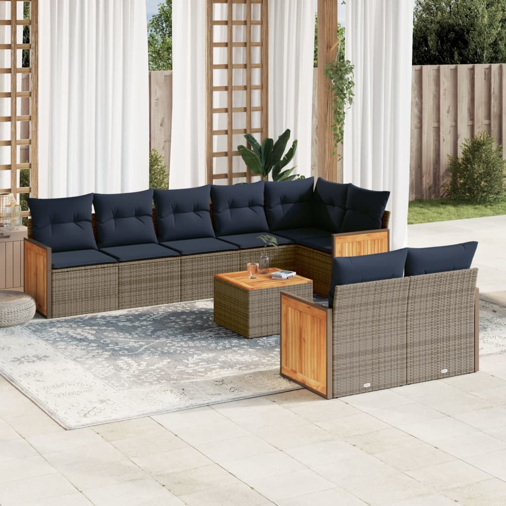 9-teiliges Gartensofa-Set mit Kissen, grau, Polyrattan