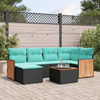 7-teiliges Gartensofa-Set mit Kissen, schwarzes Polyrattan