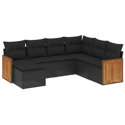7-tlg. Garten-Sofagarnitur mit Kissen Schwarz Poly Rattan