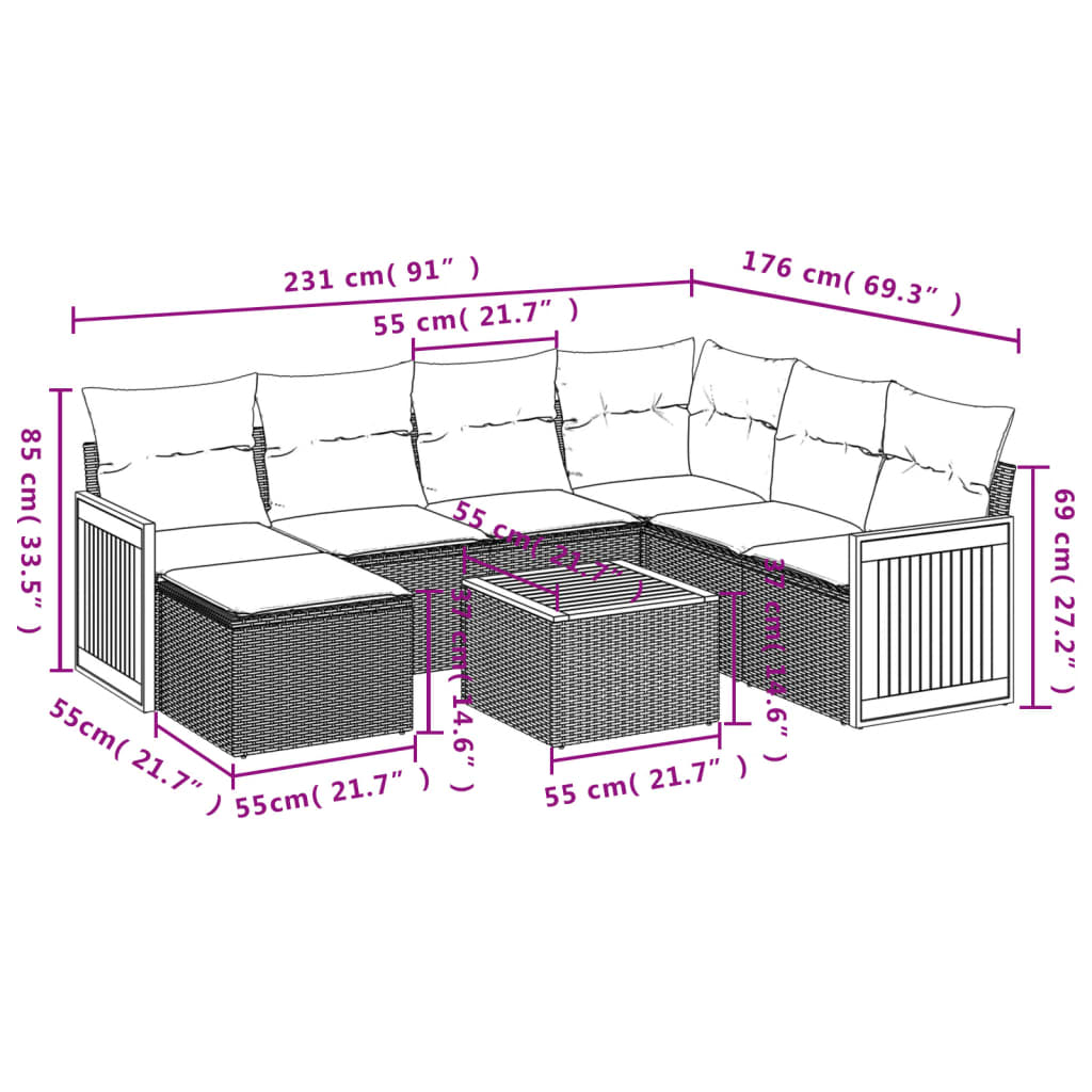 8-teiliges Gartensofa-Set mit Kissen, schwarzes Polyrattan