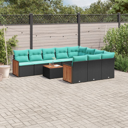 11-teiliges Gartensofa-Set mit Kissen, schwarzes Polyrattan