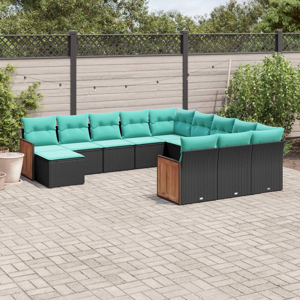 12-teiliges Gartensofa-Set mit Kissen, schwarzes Polyrattan