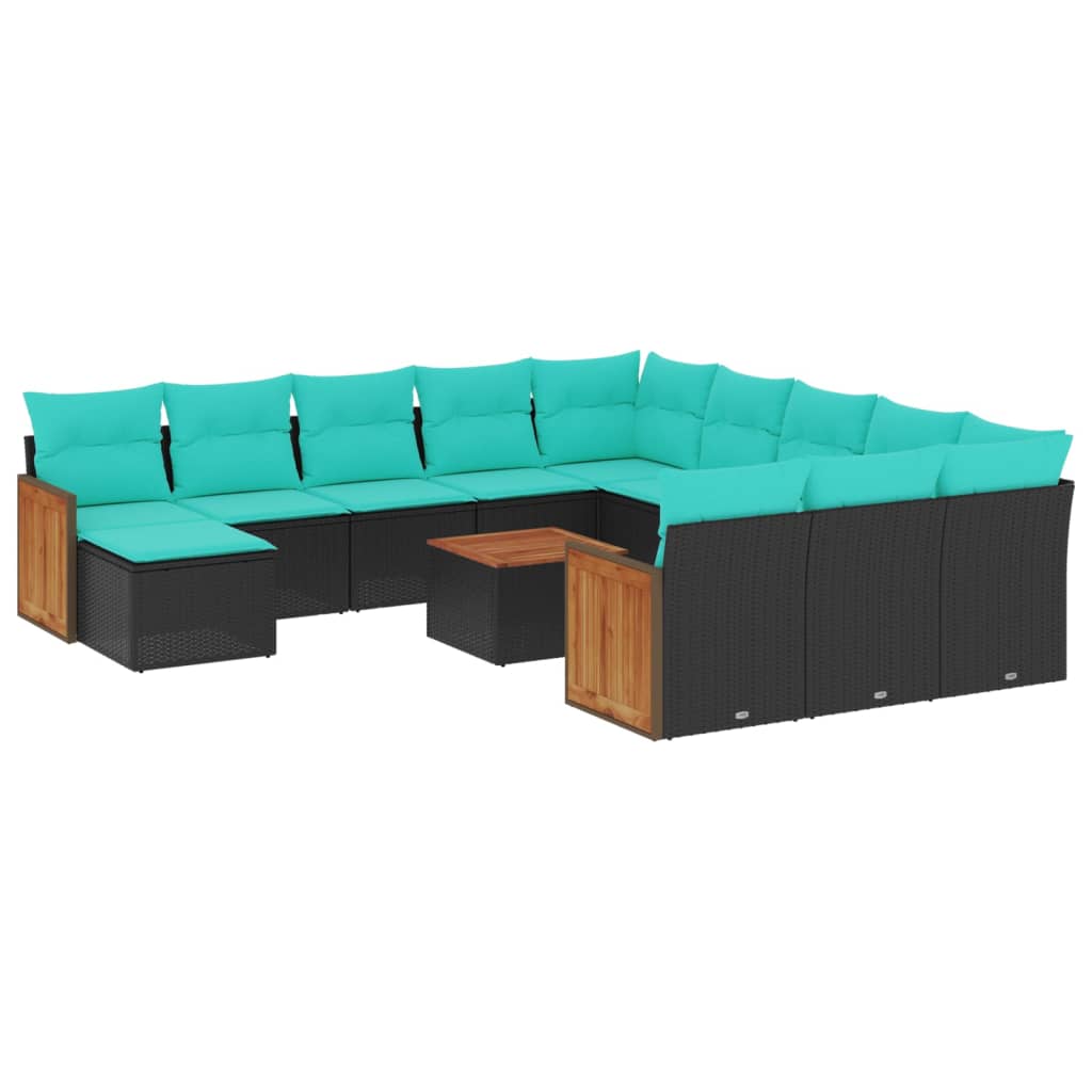 13-teiliges Gartensofa-Set mit Kissen, schwarzes Polyrattan