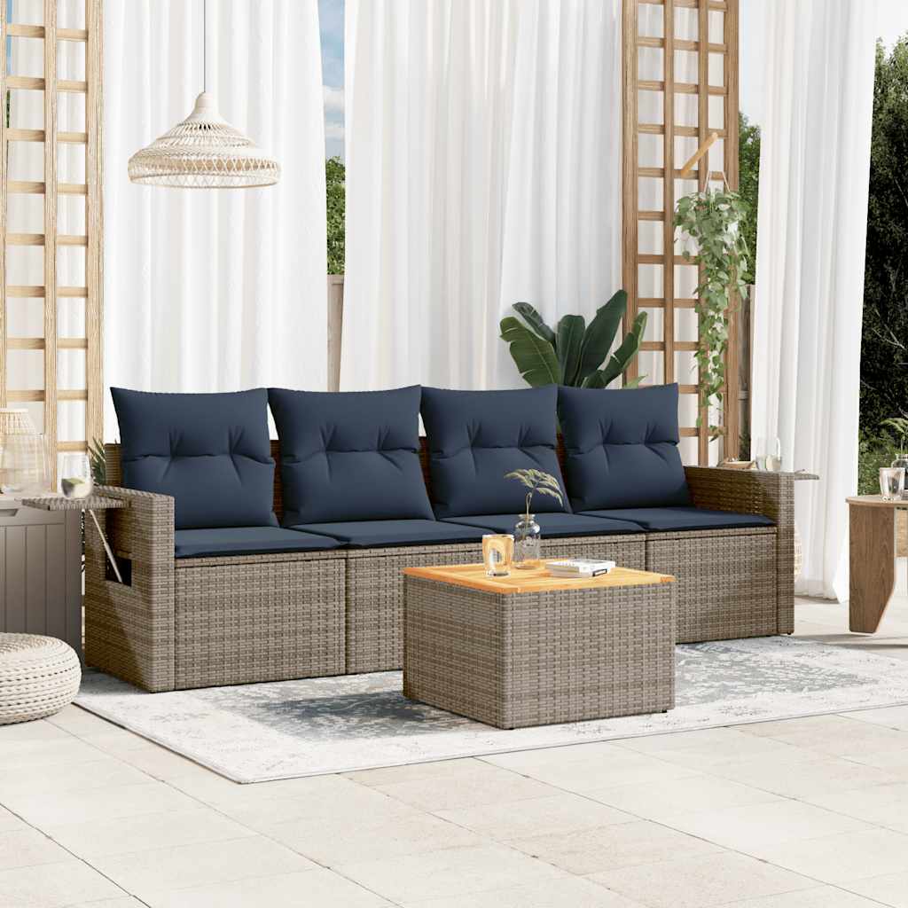 5-teiliges Gartensofa-Set mit Kissen, grau, Polyrattan