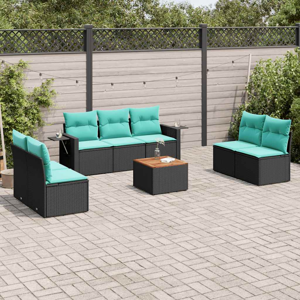 8-teiliges Gartensofa-Set mit Kissen, schwarzes Polyrattan