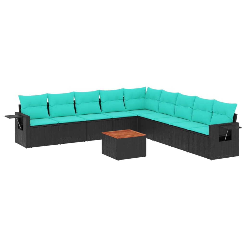 10-teiliges Gartensofa-Set mit Kissen, schwarzes Polyrattan