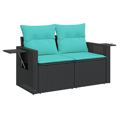 9-teiliges Gartensofa-Set mit Kissen, schwarzes Polyrattan
