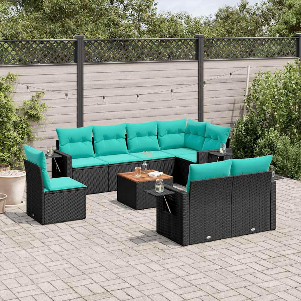 9-teiliges Gartensofa-Set mit Kissen, schwarzes Polyrattan