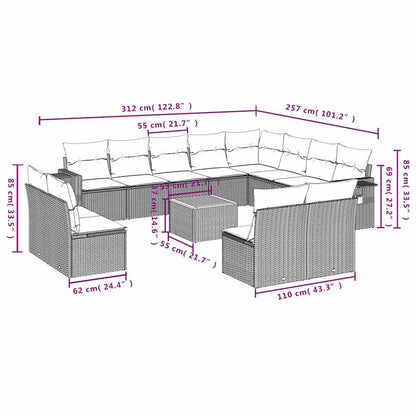 13-teiliges Gartensofa-Set mit Kissen, schwarzes Polyrattan