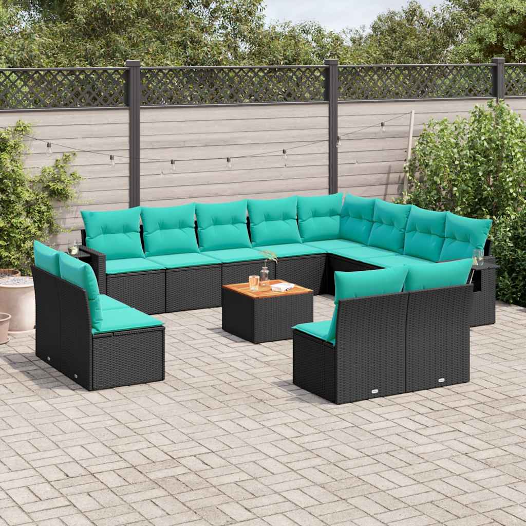 13-teiliges Gartensofa-Set mit Kissen, schwarzes Polyrattan