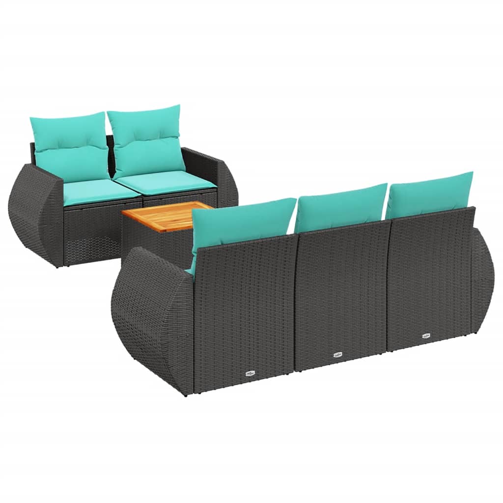6-teiliges Gartensofa-Set mit Kissen, schwarzes Polyrattan