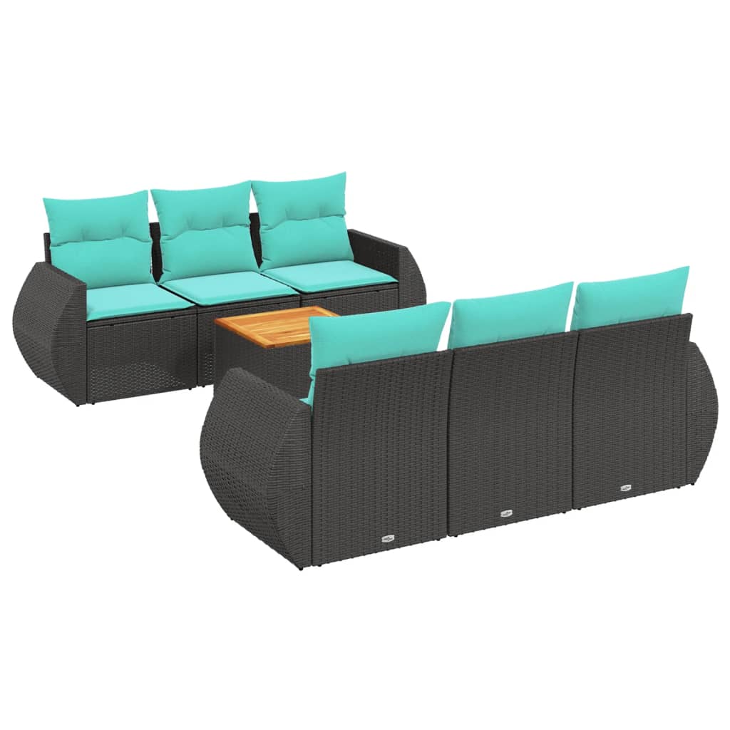 7-teiliges Gartensofa-Set mit Kissen, schwarzes Polyrattan