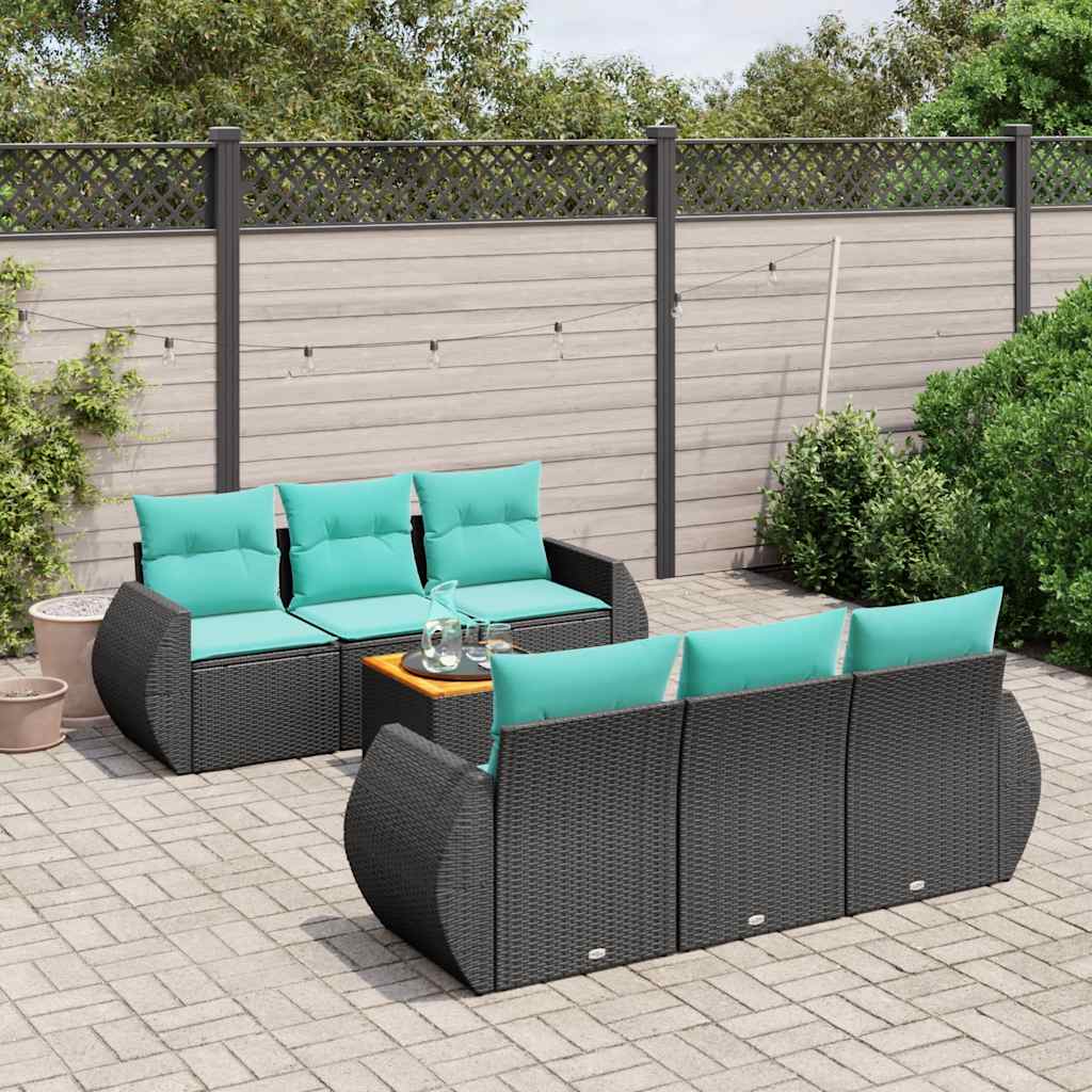 7-teiliges Gartensofa-Set mit Kissen, schwarzes Polyrattan
