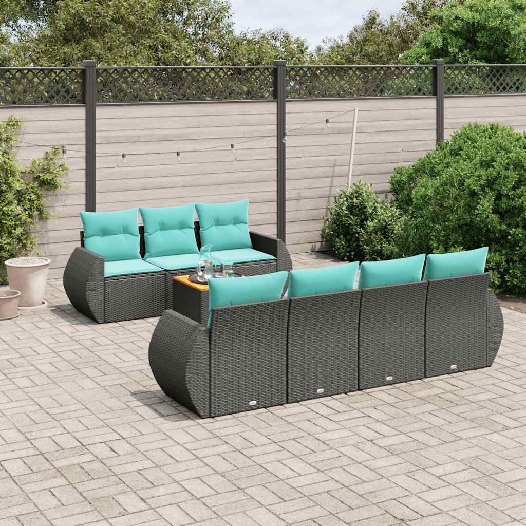 8-teiliges Gartensofa-Set mit Kissen, schwarzes Polyrattan