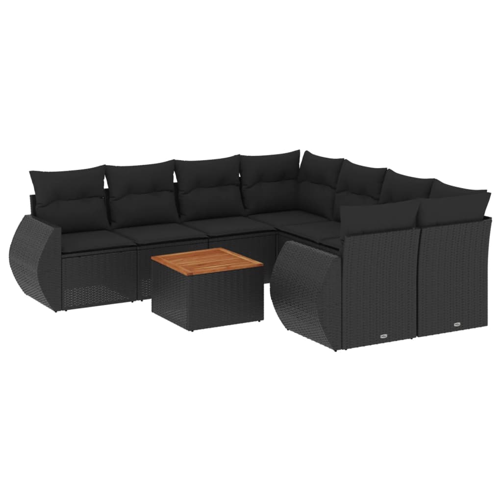 9-tlg. Garten-Sofagarnitur mit Kissen Schwarz Poly Rattan