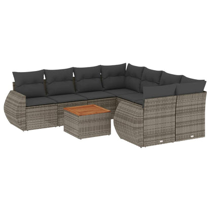 9-tlg. Garten-Sofagarnitur mit Kissen Grau Poly Rattan