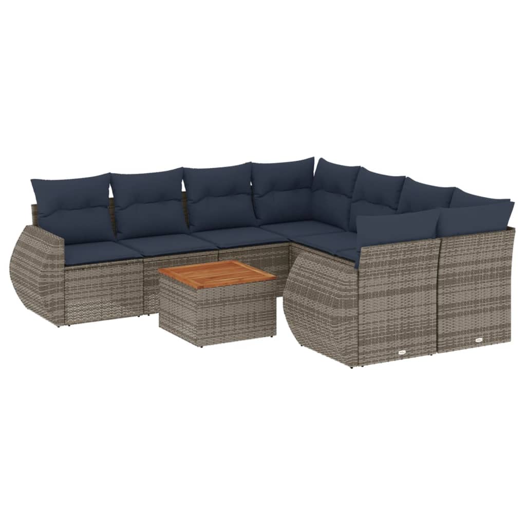 9-teiliges Gartensofa-Set mit Kissen, grau, Polyrattan