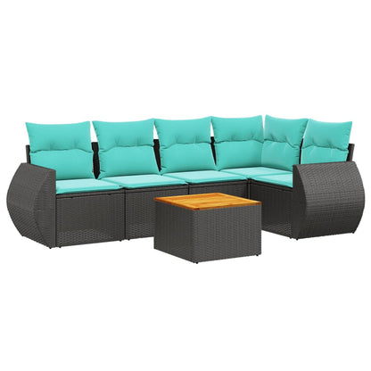 6-teiliges Gartensofa-Set mit Kissen, schwarzes Polyrattan