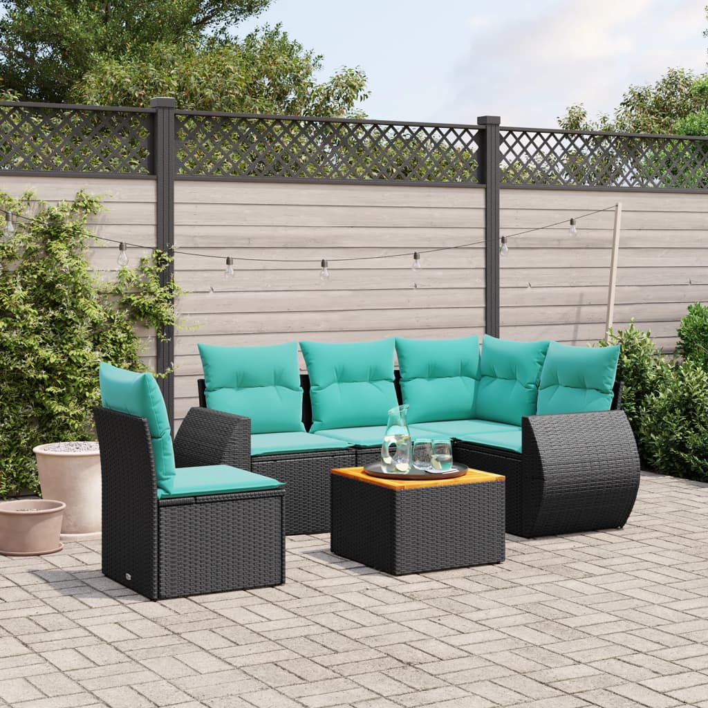 6-teiliges Gartensofa-Set mit Kissen, schwarzes Polyrattan