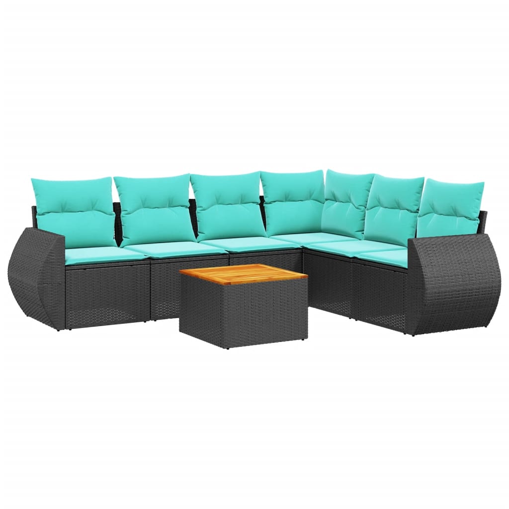 7-teiliges Gartensofa-Set mit Kissen, schwarzes Polyrattan