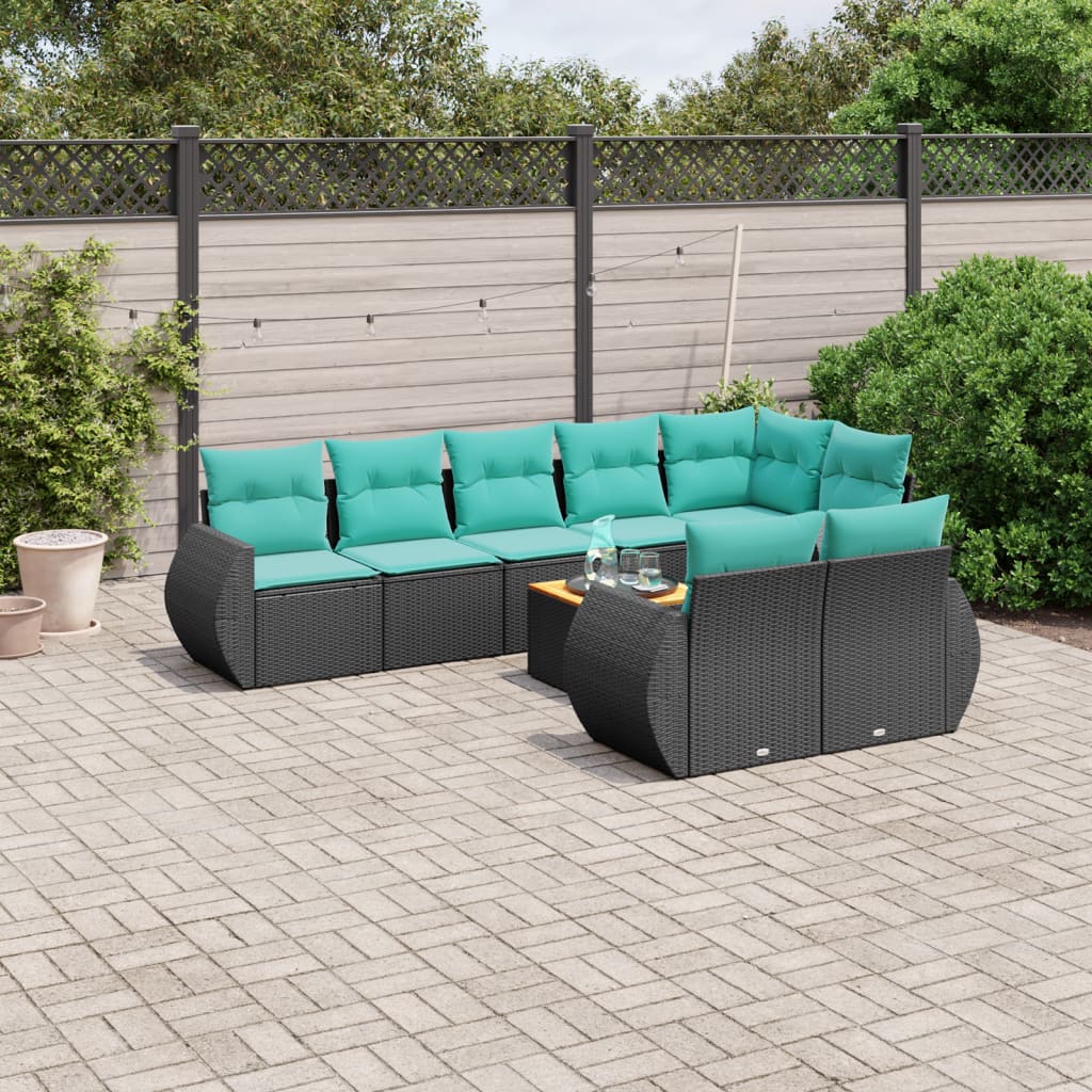 9-teiliges Gartensofa-Set mit Kissen, schwarzes Polyrattan