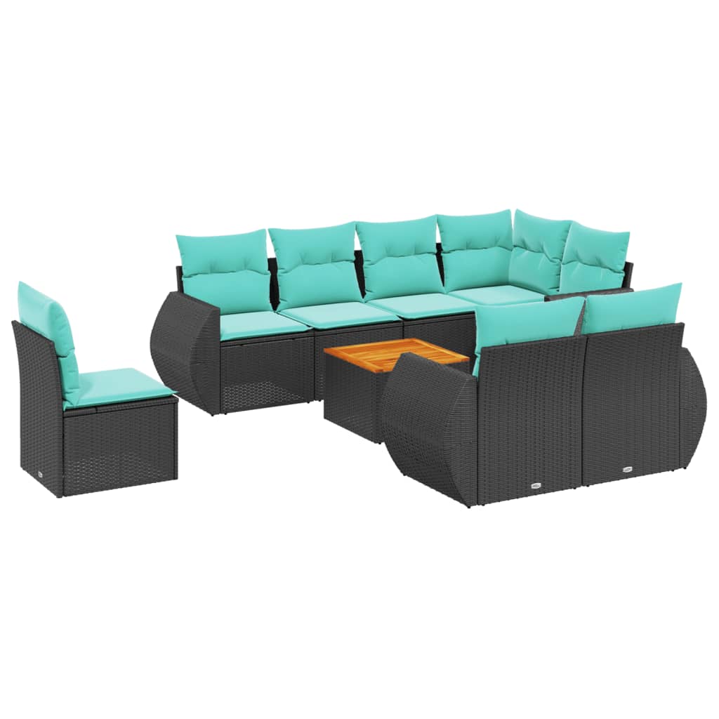 9-teiliges Gartensofa-Set mit Kissen, schwarzes Polyrattan