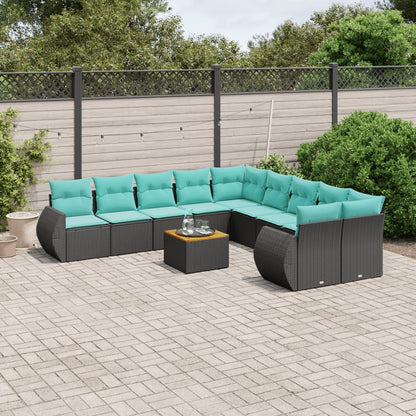 11-teiliges Gartensofa-Set mit Kissen, schwarzes Polyrattan