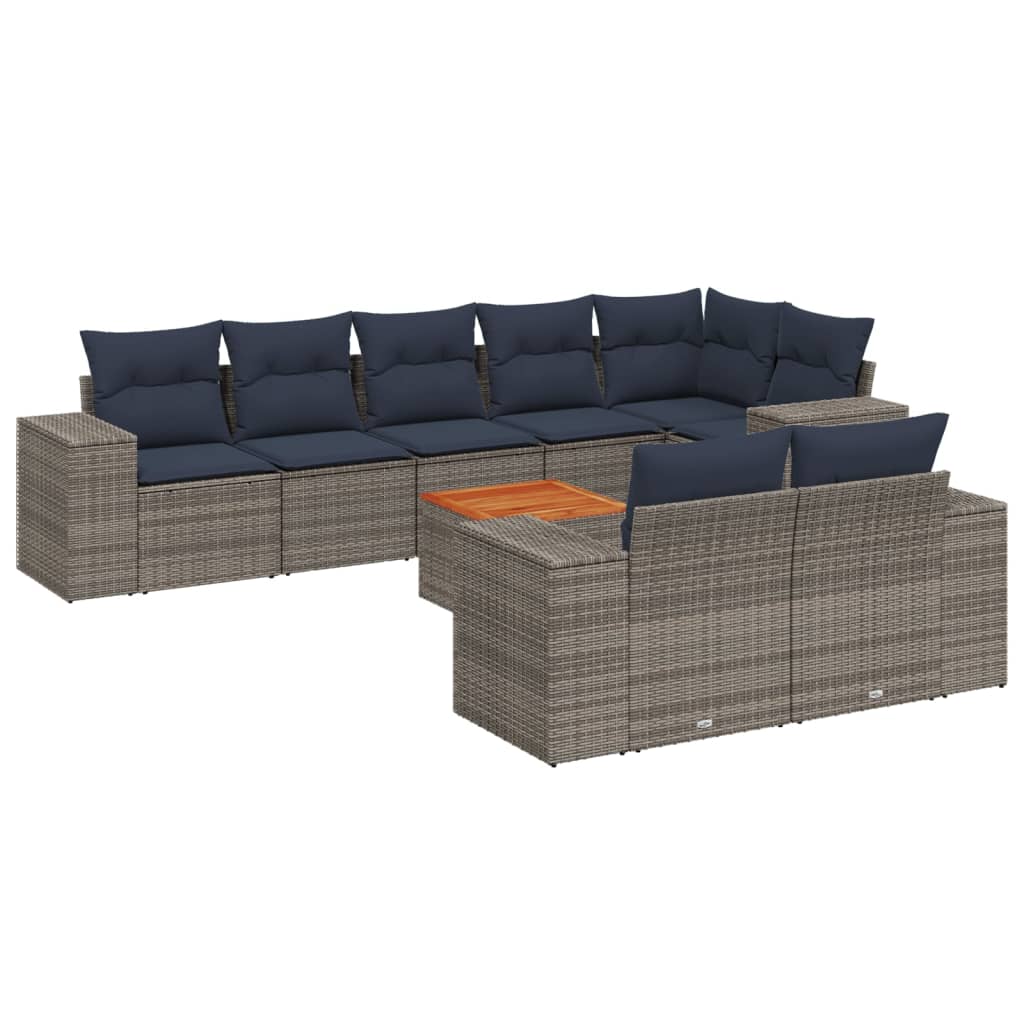 9-teiliges Gartensofa-Set mit Kissen, grau, Polyrattan