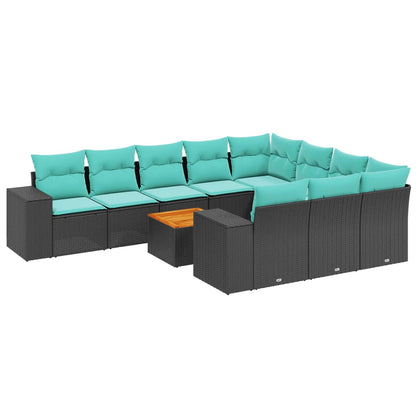 11-teiliges Gartensofa-Set mit Kissen, schwarzes Polyrattan