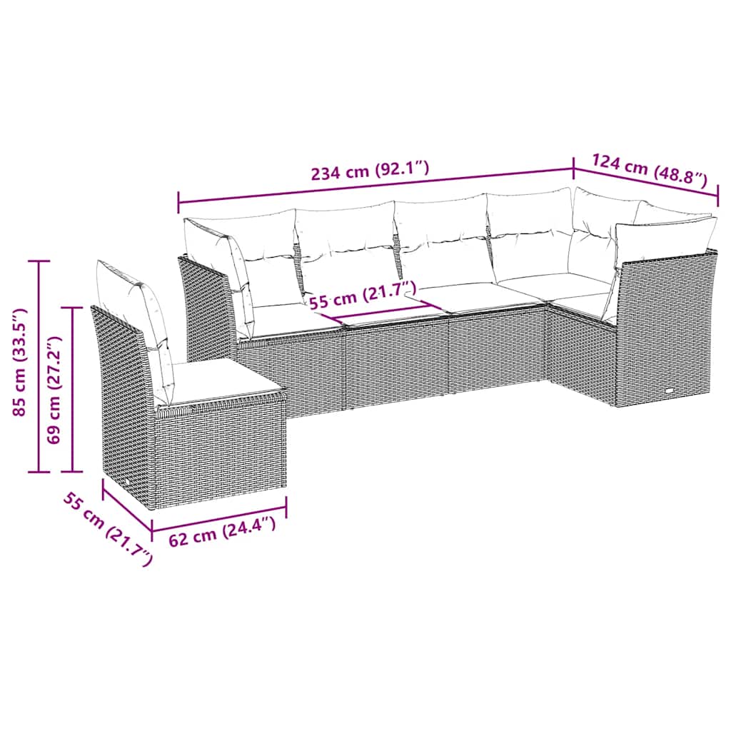 6-tlg. Garten-Sofagarnitur mit Kissen Schwarz Poly Rattan