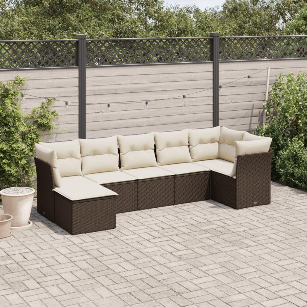 7-tlg. Garten-Sofagarnitur mit Kissen Braun Poly Rattan