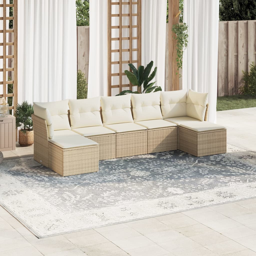 7-tlg. Garten-Sofagarnitur mit Kissen Beige Poly Rattan