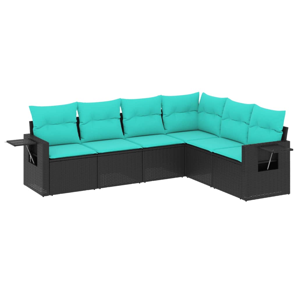 6-teiliges Gartensofa-Set mit Kissen, schwarzes Polyrattan