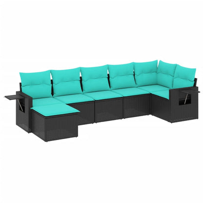 7-teiliges Gartensofa-Set mit Kissen, schwarzes Polyrattan