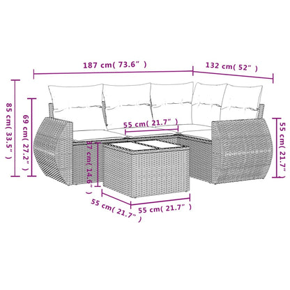 5-teiliges Gartensofa-Set mit Kissen, grau, Polyrattan