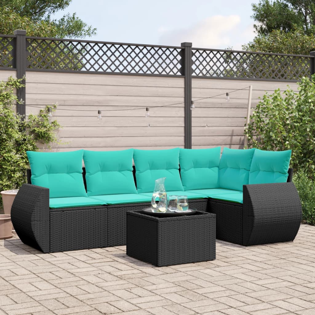 6-teiliges Gartensofa-Set mit Kissen, schwarzes Polyrattan