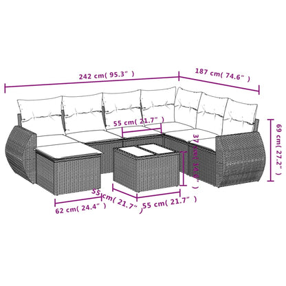 8-teiliges Gartensofa-Set mit Kissen, grau, Polyrattan