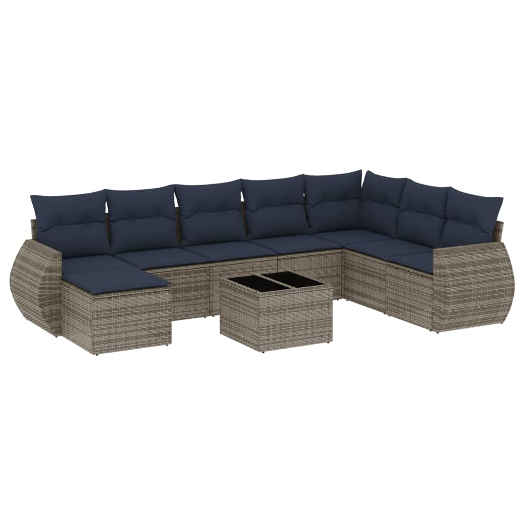 9-teiliges Gartensofa-Set mit Kissen, grau, Polyrattan