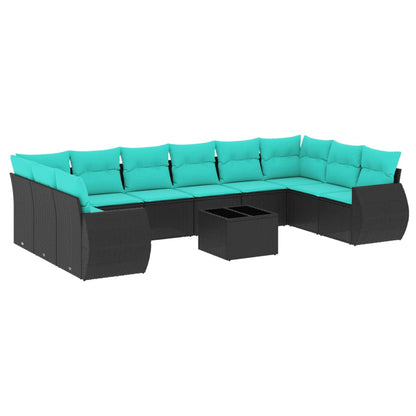11-teiliges Gartensofa-Set mit Kissen, schwarzes Polyrattan