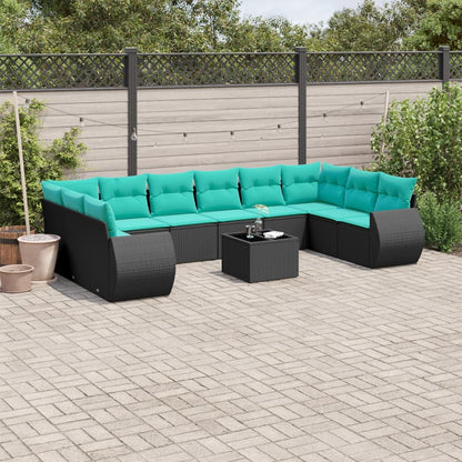 11-teiliges Gartensofa-Set mit Kissen, schwarzes Polyrattan
