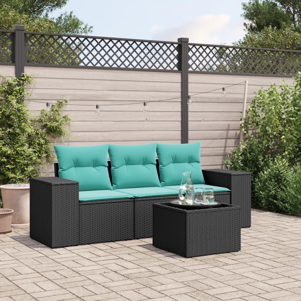 4-teiliges Gartensofa-Set mit Kissen, schwarzes Polyrattan