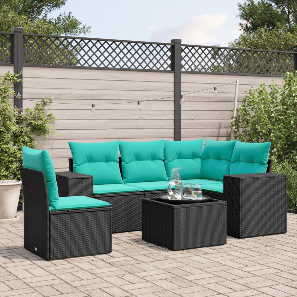 6-teiliges Gartensofa-Set mit Kissen, schwarzes Polyrattan