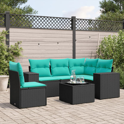 6-teiliges Gartensofa-Set mit Kissen, schwarzes Polyrattan