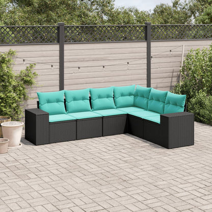 6-teiliges Gartensofa-Set mit Kissen, schwarzes Polyrattan