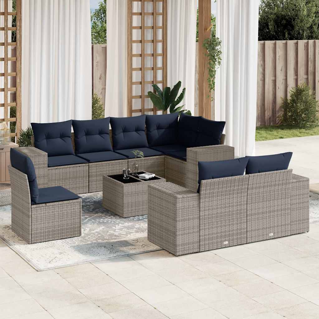 9-teiliges Gartensofa-Set mit Kissen, grau, Polyrattan