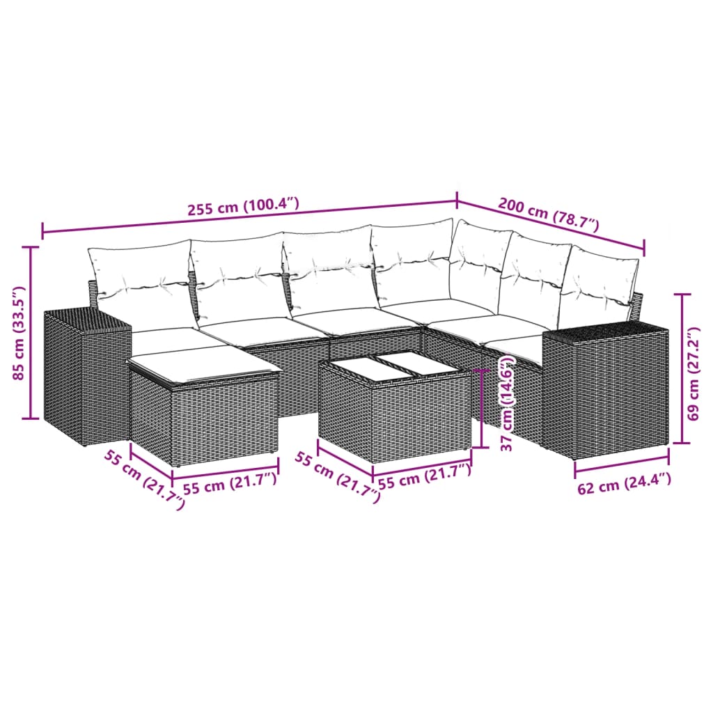 8-teiliges Gartensofa-Set mit Kissen, schwarzes Polyrattan