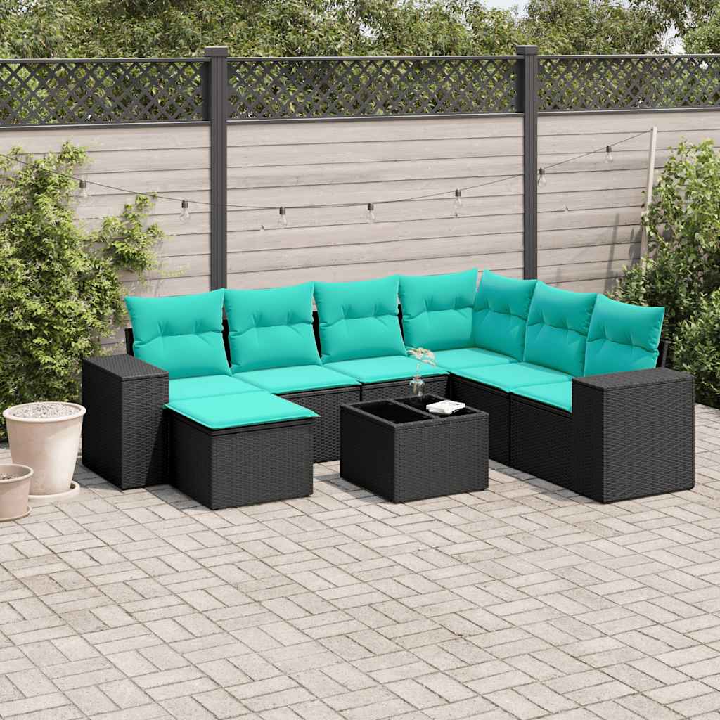 8-teiliges Gartensofa-Set mit Kissen, schwarzes Polyrattan