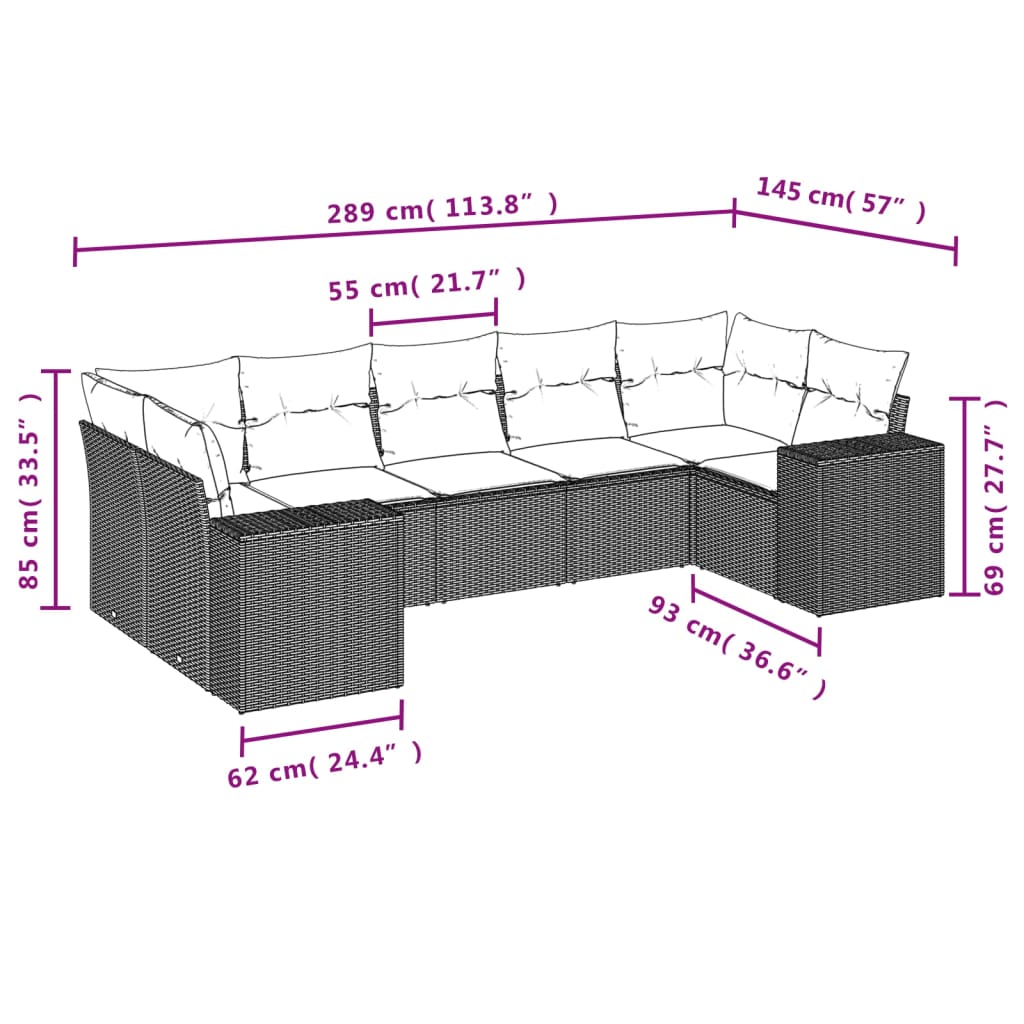 7-teiliges Gartensofa-Set mit Kissen, grau, Polyrattan