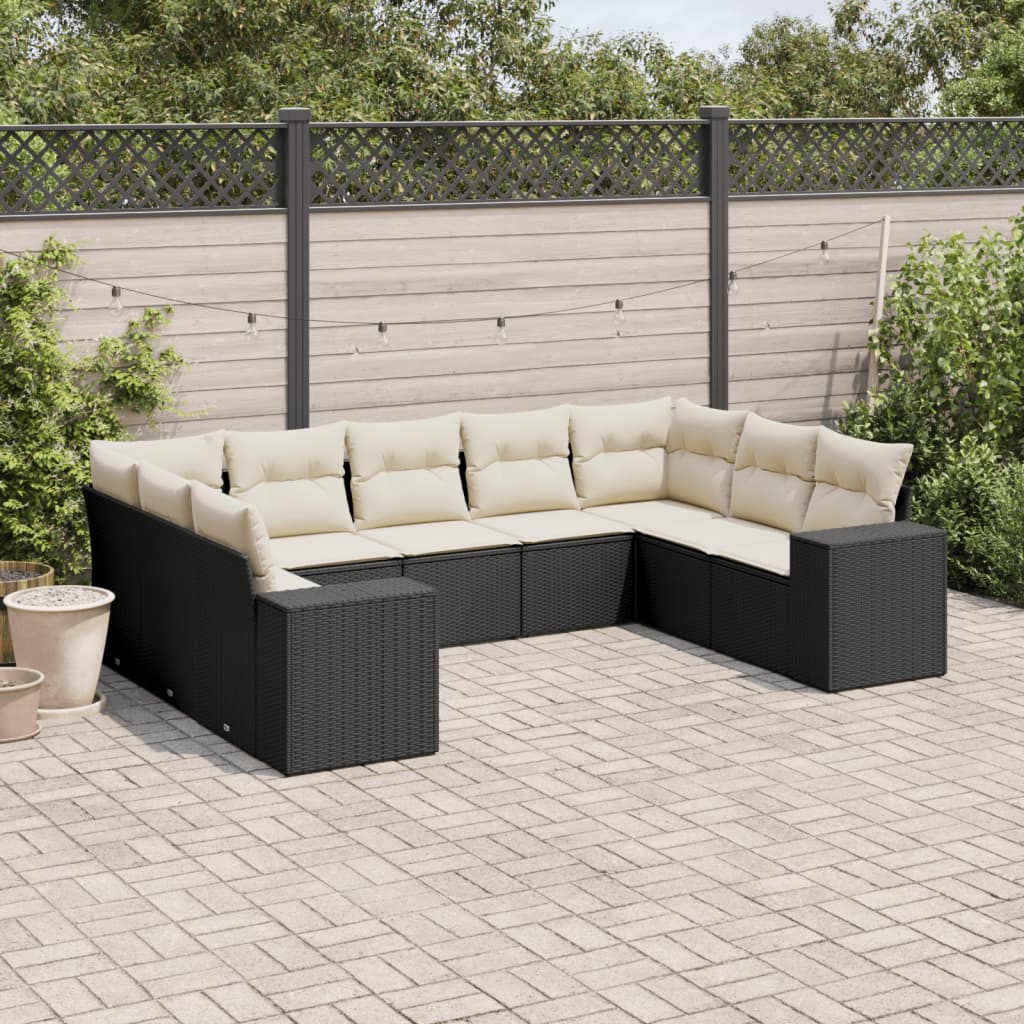 9-tlg. Garten-Sofagarnitur mit Kissen Schwarz Poly Rattan